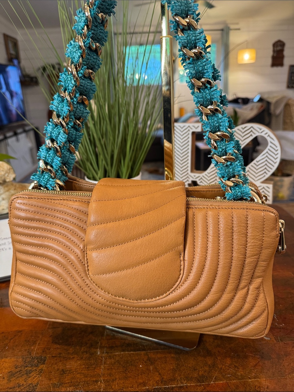 Henri Bendel Quilted Leather Shoulder Bag with Gold and Raffia Chain - Picture 6 of 15